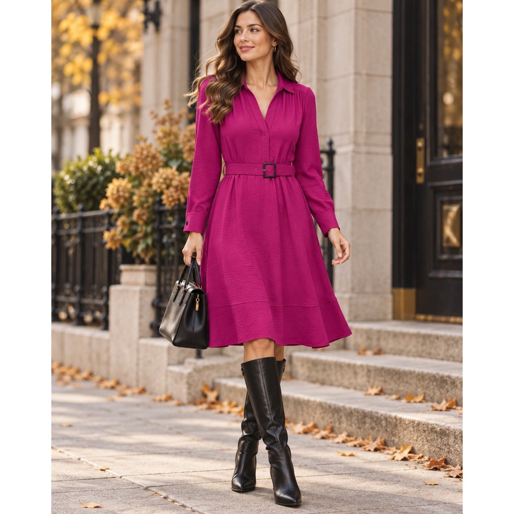 Calvin Klein Magenta Pink Belted Fit and Flare Long Sleeve Dress Size 2